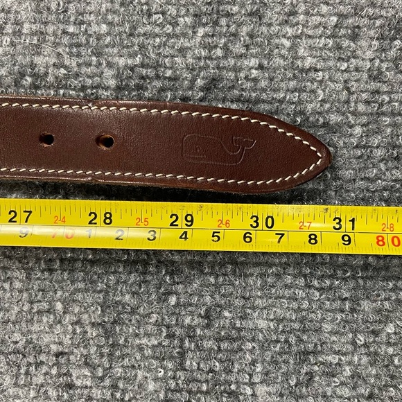 Vineyard Vines Belt Mens 26 Blue White Surcingle Waves Brown Leather Made in USA - Picture 7 of 10